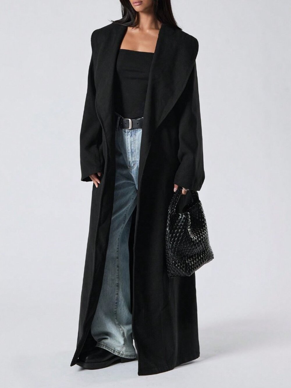 Black Elegant Women's Long Belted Pocket Loose Comfy Long Sleeve Jacket coat - Picture 5 of 6